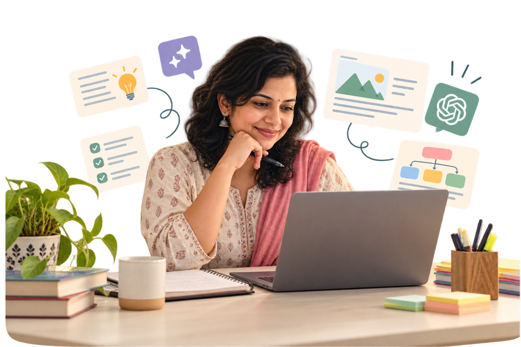 Smiling school teacher working on a laptop surrounded by creative lesson plan, activity, and diagram icons
