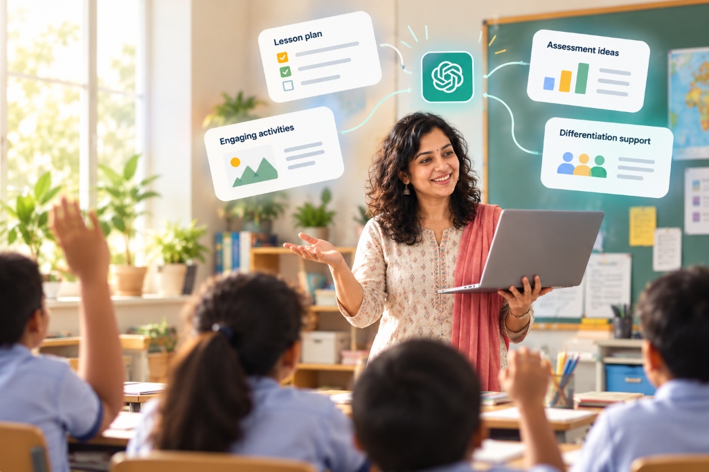Teacher standing in a lively classroom holding a laptop while students raise their hands to participate